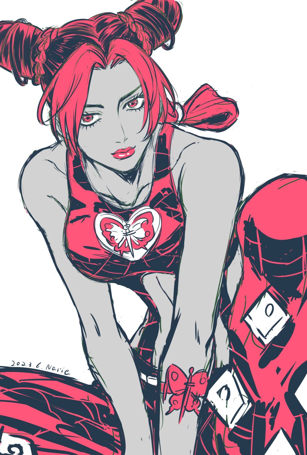 naririn79153615, kuujou jolyne, jojo no kimyou na bouken, highres, 1girl, bare shoulders, breasts, butterfly tattoo, double bun, hair bun, medium breasts, signature, smile, tank top, tattoo, white background