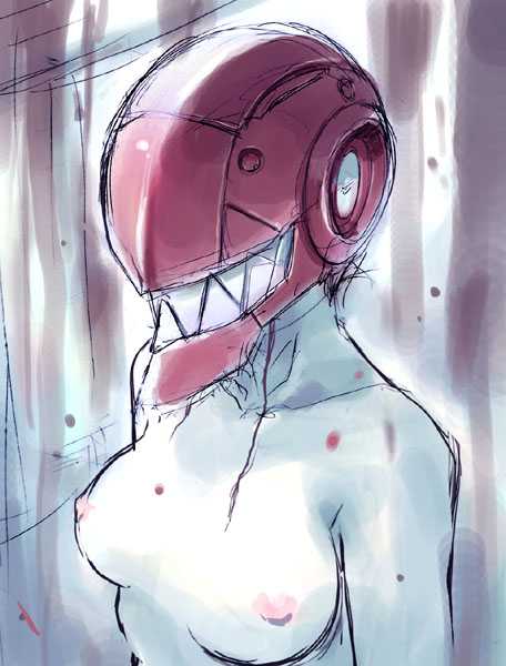 matsumoto noriyuki, kaede (character), lucy (elfen lied), elfen lied, 00s, 1girl, breasts, female focus, helmet, nipples, sketch, solo, topless female