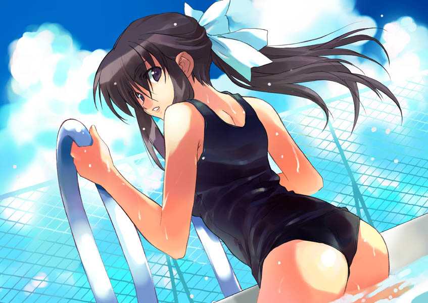 matsumoto noriyuki, jpeg artifacts, 1girl, ass, chain-link fence, cloud, dutch angle, fence, from behind, hair ribbon, long hair, looking back, one-piece swimsuit, parted lips, ponytail, pool, pool ladder, poolside, ribbon, school swimsuit, solo, swimsuit, wet