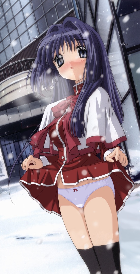minase nayuki, kanon, third-party edit, 1girl, blue eyes, blue hair, blush, clothes lift, female focus, matching hair/eyes, panties, red skirt, skirt, skirt lift, snow, snowing, solo, thighhighs, underwear, winter