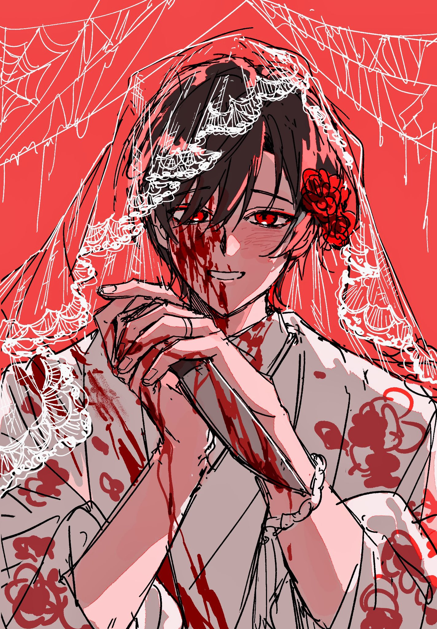 nallya, ooe (game), highres, 1boy, ariake (ooe), black hair, blood, blood on clothes, blood on face, blood on hands, bloody knife, bloody weapon, blush, bracelet, bridal veil, brown hair, floral print, flower, grin, hair flower, hair ornament, holding, holding knife, holding weapon, japanese clothes, jewelry, kimono, knife, looking at viewer, male focus, red background, red eyes, red flower, ring, short hair, silk, sketch, smile, solo, spider web, upper body, veil, weapon, white kimono, yandere