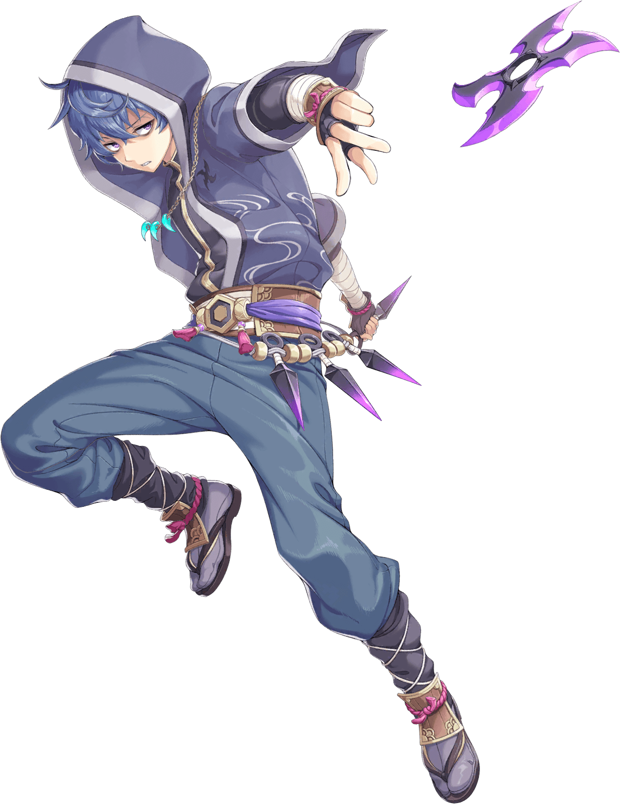 legend clover, artist request, game cg, highres, official art, third-party source, 1boy, belt, blue hair, full body, fuuma kotarou (legend clover), holding, holding weapon, hood, hood up, jewelry, kunai, long sleeves, necklace, purple eyes, sandals, short hair, shuriken, solo, standing, standing on one leg, transparent background, weapon