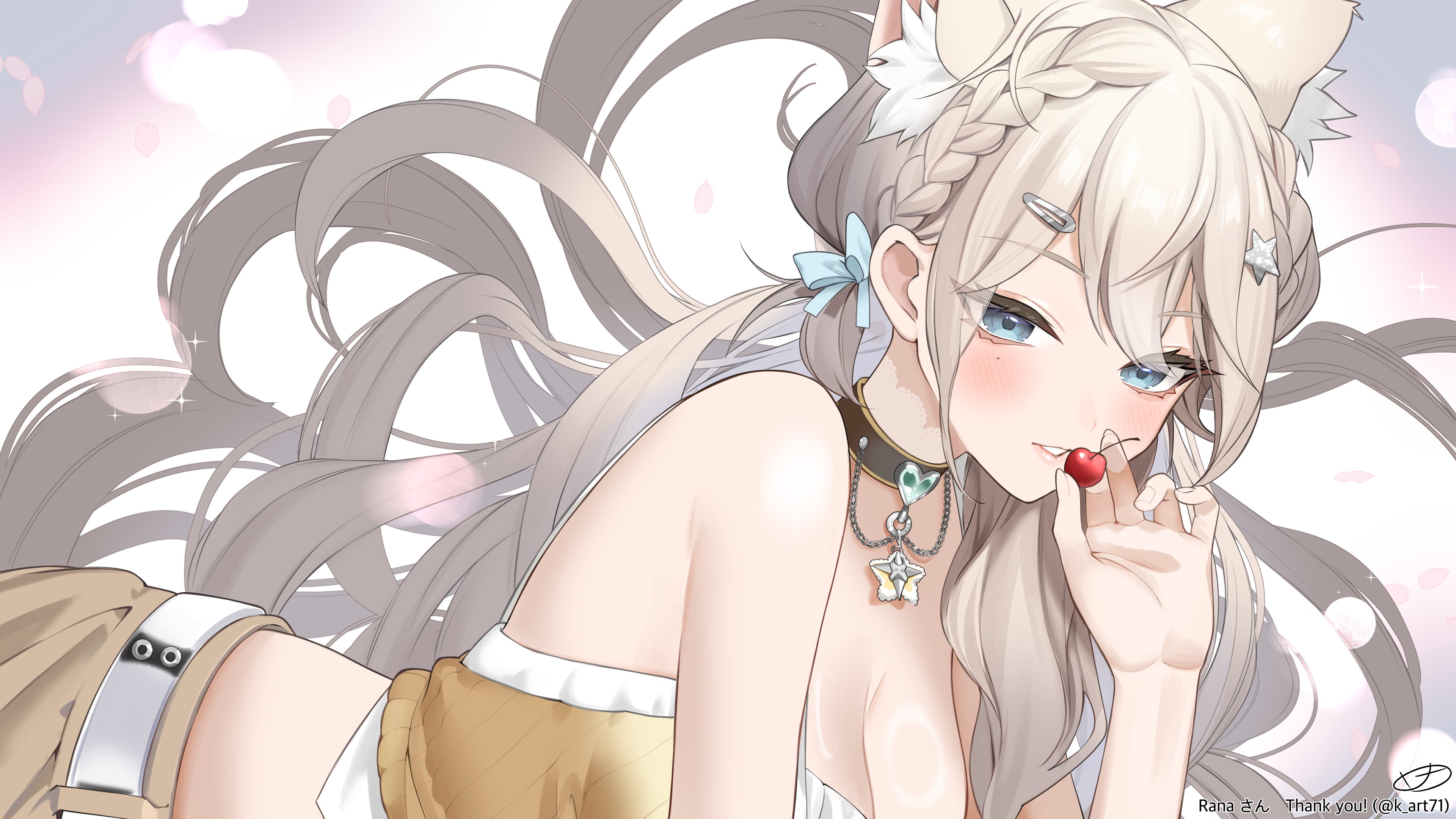 k (art71), indie virtual youtuber, absurdres, highres, second-party source, 1girl, animal ear fluff, animal ears, belt, black choker, blue bow, bow, braid, breasts, cat ears, cat girl, cherry, choker, cleavage, food, fruit, hair bow, hair ornament, hairclip, heart, holding, holding food, long hair, mole, mole under eye, ranavii (vtuber), solo, star (symbol), star hair ornament, twitter username, virtual youtuber, white belt
