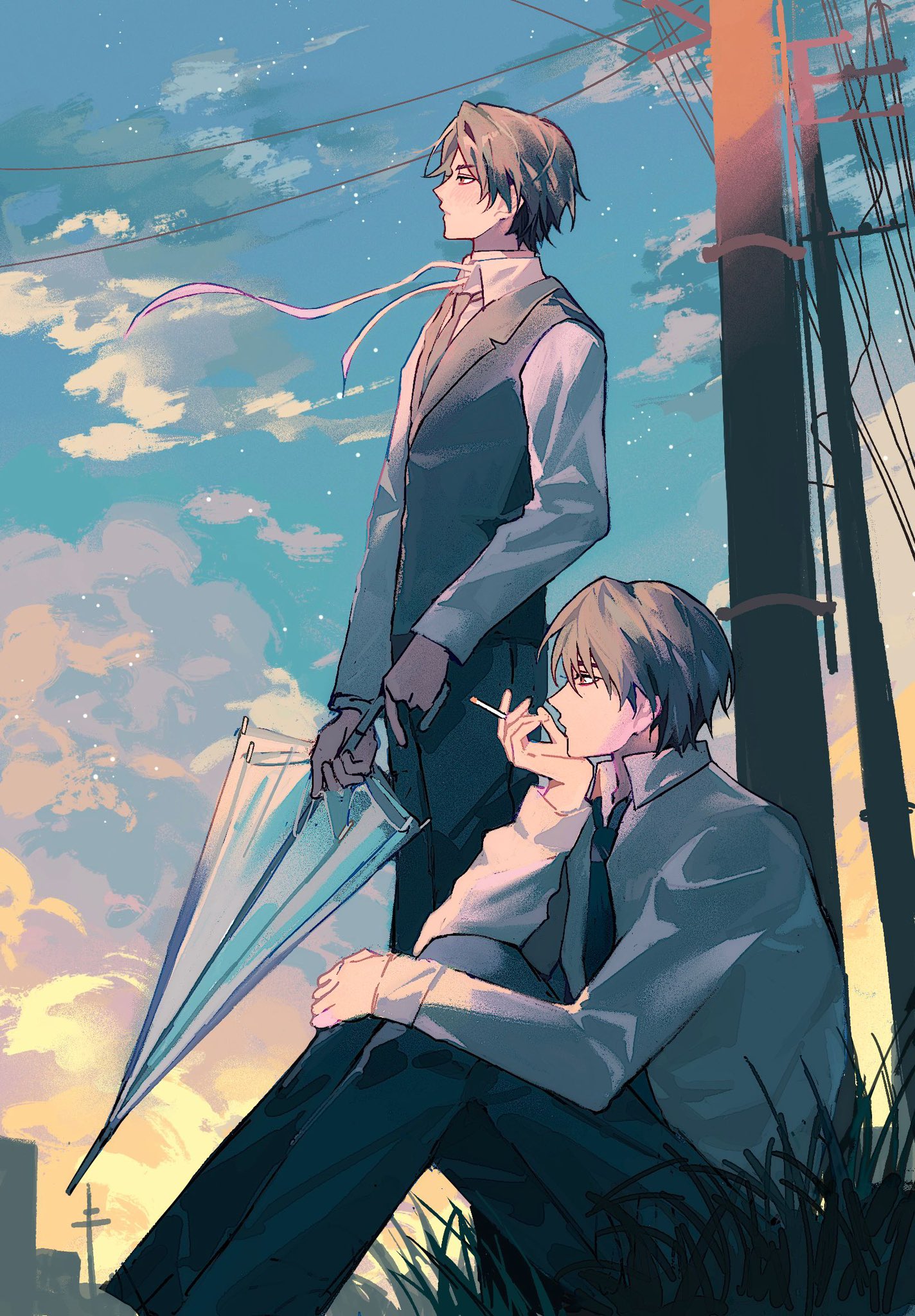 nallya, oosaki (ooe), ooe (game), highres, 2boys, aomi (ooe), black hair, black pants, cigarette, cloud, collared shirt, feet out of frame, grass, holding, holding cigarette, holding umbrella, long sleeves, male focus, multiple boys, necktie, outdoors, pants, power lines, profile, red eyes, shirt, short hair, sitting, sky, smoking, standing, umbrella, utility pole, vest, white shirt