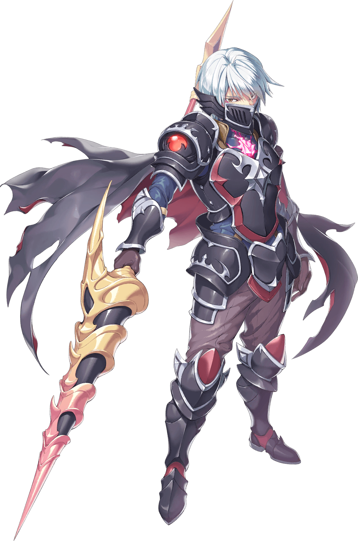 legend clover, artist request, game cg, highres, official art, third-party source, 1boy, armor, brown eyes, cape, covered mouth, full body, holding, holding polearm, holding weapon, mordred (legend clover), polearm, short hair, shoulder armor, solo, spear, transparent background, weapon, white hair