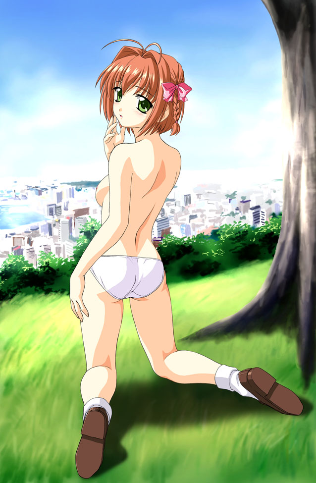 norizou type-r, suzumiya haruka, kimi ga nozomu eien, 00s, 1girl, breasts, female focus, green eyes, panties, red hair, short hair, small breasts, solo, topless female, underwear