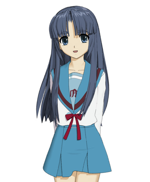 hokusen, asakura ryoko, suzumiya haruhi no yuuutsu, 00s, 1girl, 3d, female focus, school uniform, serafuku, simple background, smile, solo, standing, white background