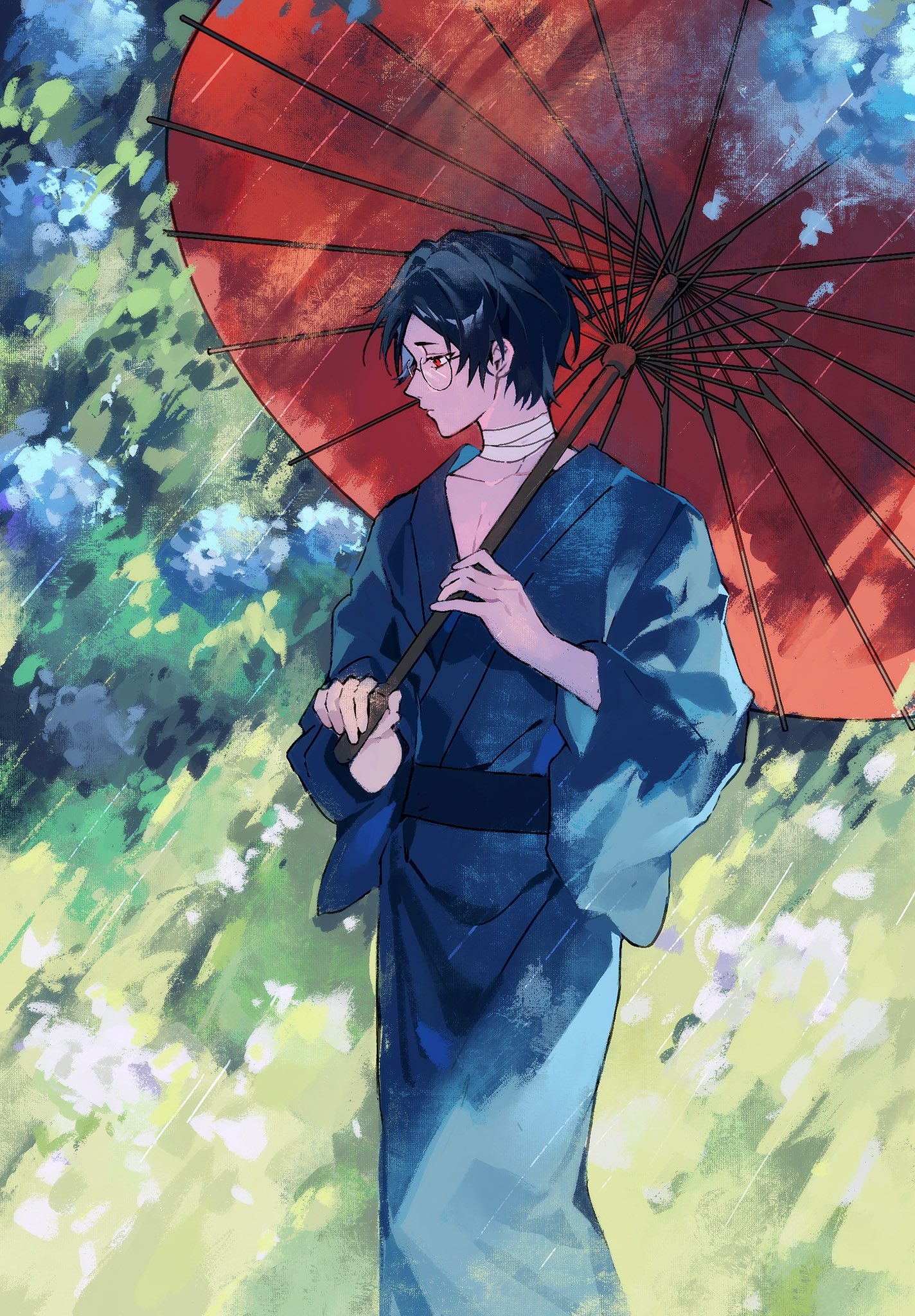 nallya, ooe (game), highres, 1boy, aomi (ooe), bandages, black hair, blue kimono, closed mouth, flower, glasses, holding, holding umbrella, hydrangea, japanese clothes, kimono, male focus, oil-paper umbrella, outdoors, rain, red eyes, red umbrella, short hair, solo, standing, umbrella, wide sleeves