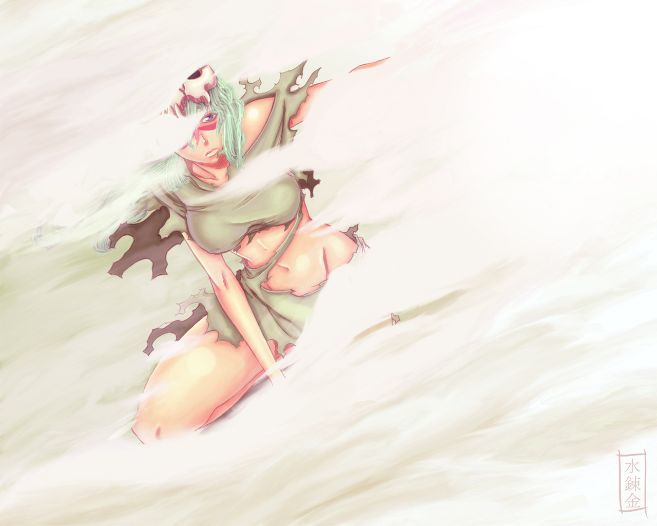 nelliel tu odelschwanck, bleach, artist request, 00s, 1girl, arrancar, facial mark, female focus, green hair, hollow (bleach), number tattoo, skull, solo, tattoo, torn clothes, yellow eyes