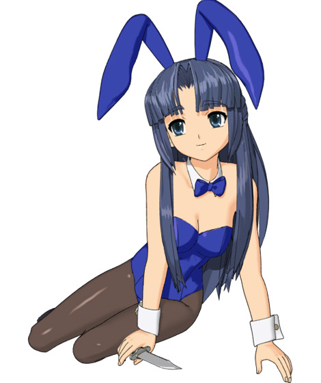 hokusen, asakura ryoko, suzumiya haruhi no yuuutsu, 00s, 1girl, 3d, animal ears, blue bow, blue bowtie, bow, bowtie, breasts, brown pantyhose, cleavage, detached collar, fake animal ears, female focus, half updo, knife, leotard, lying, pantyhose, playboy bunny, rabbit ears, simple background, solo, white background