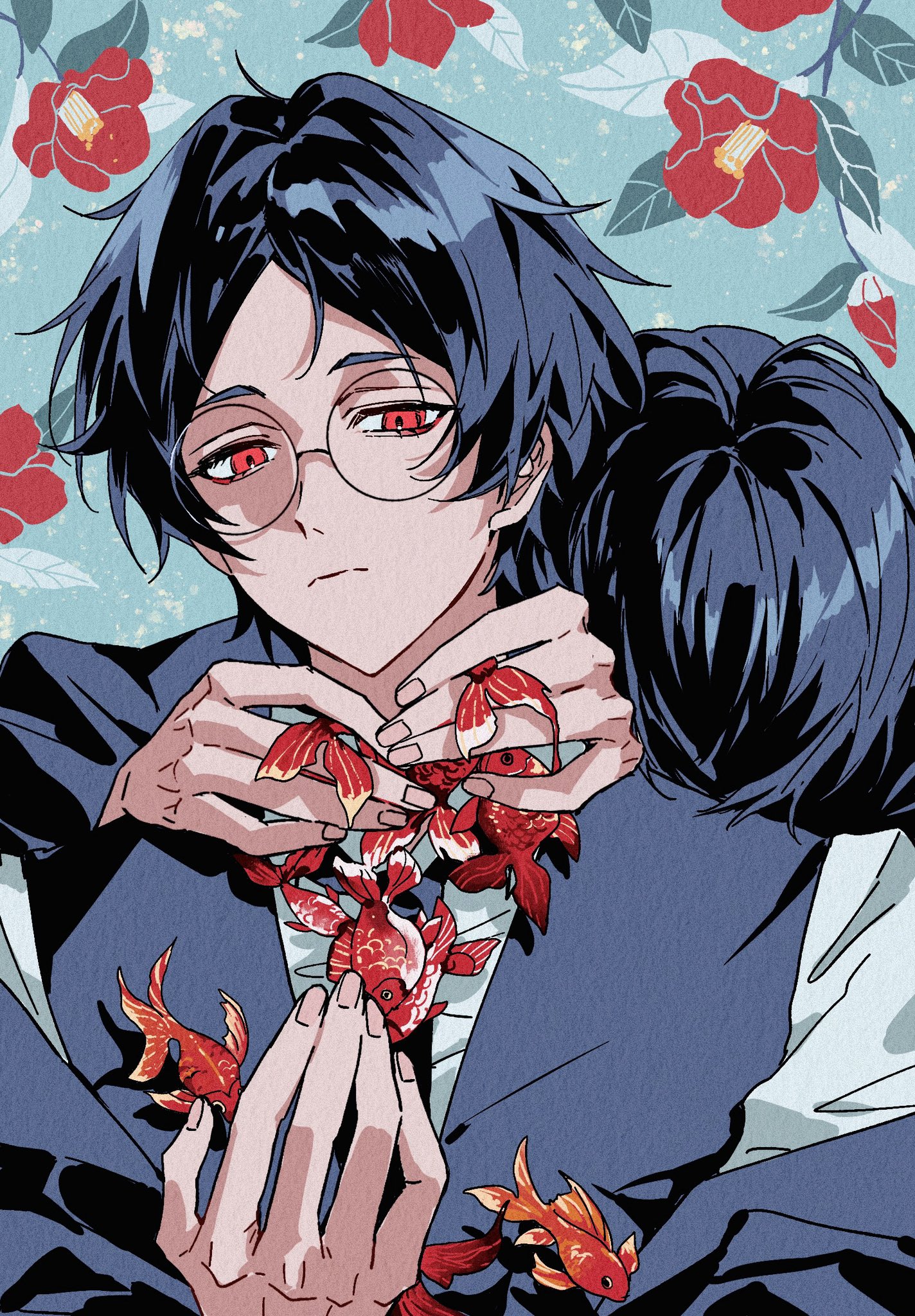 nallya, oosaki (ooe), ooe (game), highres, 2boys, aomi (ooe), black hair, closed mouth, fish, flower, glasses, goldfish, holding, hug, hug from behind, koi, long sleeves, looking at viewer, male focus, multiple boys, parted bangs, red eyes, red flower, round eyewear, shirt, short hair, upper body, vest, white shirt