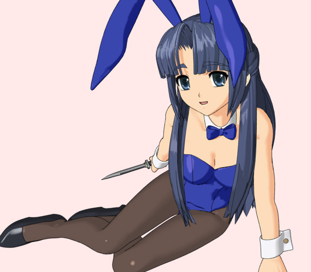 hokusen, asakura ryoko, suzumiya haruhi no yuuutsu, 00s, 1girl, 3d, animal ears, blue bow, blue bowtie, bow, bowtie, breasts, brown pantyhose, cleavage, detached collar, fake animal ears, female focus, half updo, knife, leotard, lying, pantyhose, playboy bunny, rabbit ears, simple background, solo