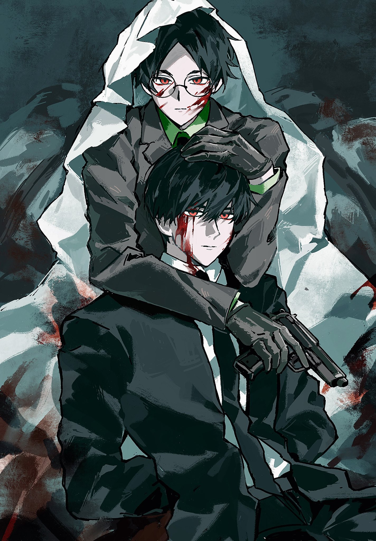 nallya, oosaki (ooe), ooe (game), highres, 2boys, aomi (ooe), black gloves, black hair, black jacket, black necktie, black pants, black suit, blood, blood on clothes, blood on face, closed mouth, collared shirt, formal clothes, glasses, gloves, green shirt, gun, hand on another's head, handgun, holding, holding gun, holding weapon, jacket, long sleeves, looking at viewer, male focus, multiple boys, necktie, pants, parted lips, red eyes, shirt, short hair, suit, weapon, white shirt