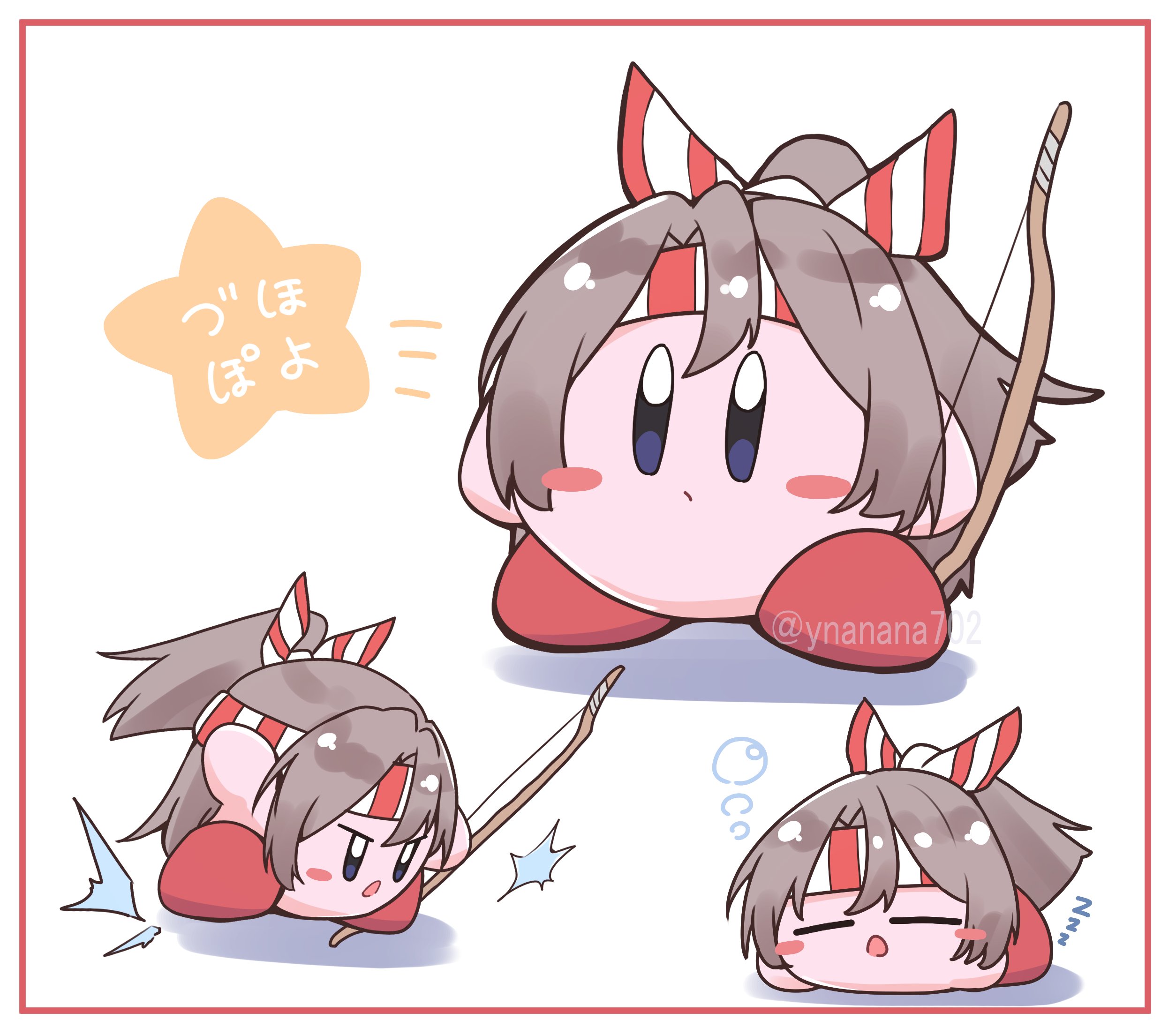 702 (naotsu), kirby, zuihou (kancolle), kantai collection, kirby (series), nintendo, highres, blush stickers, bow, bow (weapon), brown hair, closed eyes, copy ability, crossover, hachimaki, headband, holding, holding bow (weapon), holding weapon, multiple views, open mouth, simple background, sleeping, squeans, twitter username, weapon, zzz