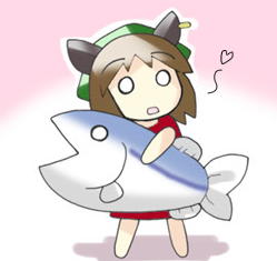morogami ryou, chen, touhou, lowres, 1girl, brown hair, chibi, earrings, female focus, fish, full body, hat, heart, jewelry, mob cap, o o, short hair, solo