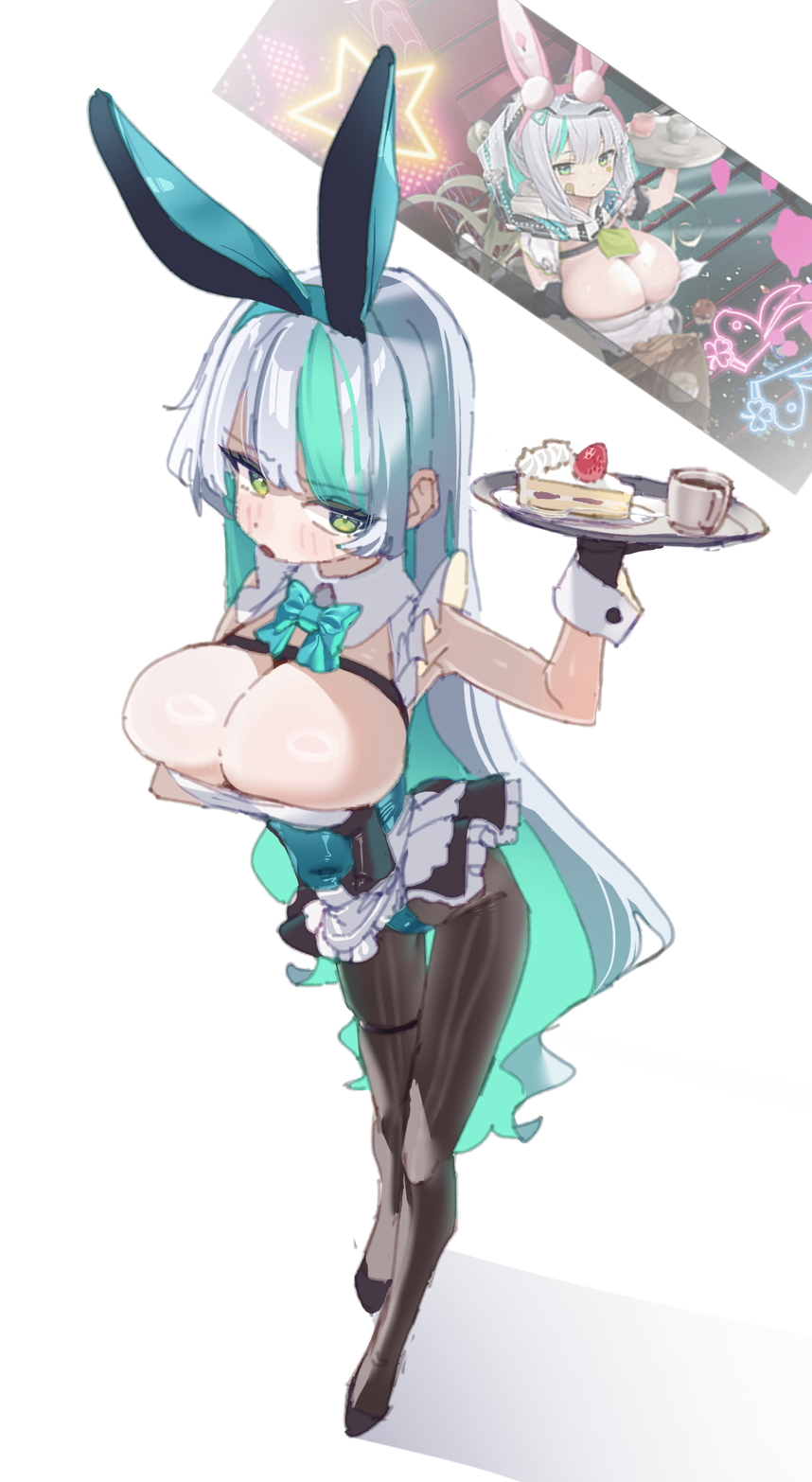 tiffany blews, epinel (nikke), goddess of victory: nikke, highres, 1girl, alternate breast size (larger), animal ears, apron, arm up, black gloves, black pantyhose, black skirt, blush, bow, bowtie, breasts, cake, cake slice, cleavage, coffee mug, covered navel, cup, detached collar, embarrassed, fake animal ears, food, frills, full body, gloves, green bow, green bowtie, green eyes, green hair, green leotard, grey hair, holding, holding tray, huge breasts, leotard, long hair, looking at viewer, maid, mug, multicolored hair, open mouth, pantyhose, playboy bunny, rabbit ears, shadow, shiny skin, skirt, standing, strapless, strapless leotard, strawberry cake, streaked hair, thigh strap, tray, unconventional maid, very long hair, waist apron, white background, wrist cuffs
