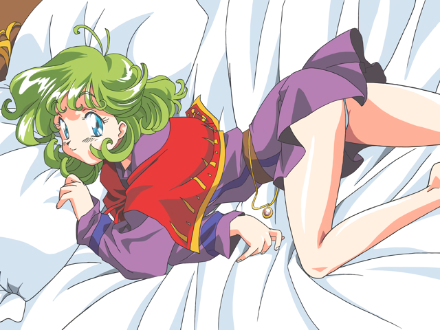 kimura takahiro, harlem blade, non-web source, official art, 1girl, bed, bed sheet, belt, blue eyes, brown belt, crossed arms, green hair, looking at viewer, lying, medium hair, on bed, on side, panties, pantyshot, pillow, purple tunic, solo, tunic, underwear