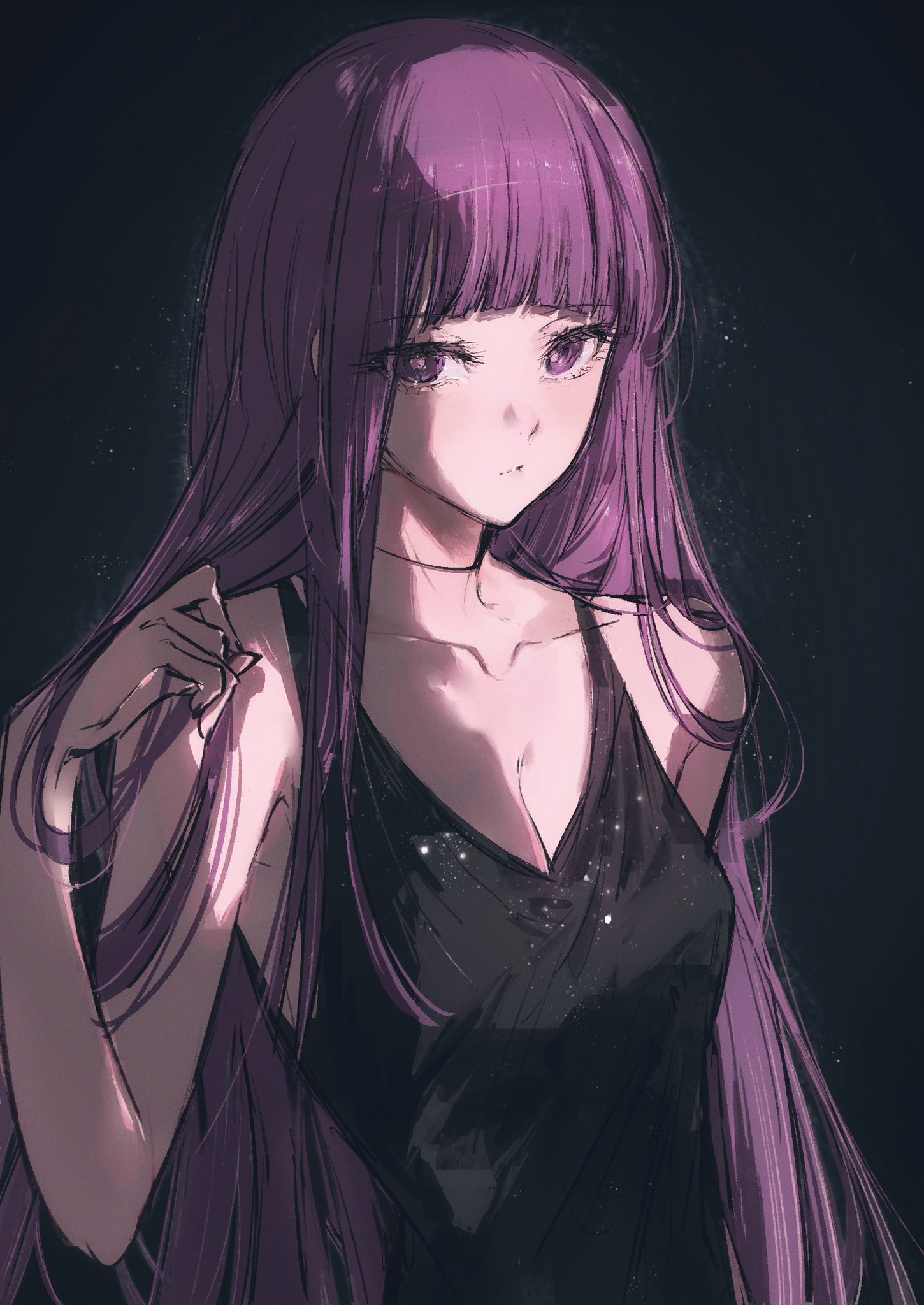 moku (muooku), fern (sousou no frieren), sousou no frieren, highres, 1girl, bare shoulders, black background, black dress, blunt bangs, breasts, cleavage, closed mouth, collarbone, dress, long hair, looking at viewer, medium breasts, purple eyes, purple hair, simple background, sleeveless, sleeveless dress, solo