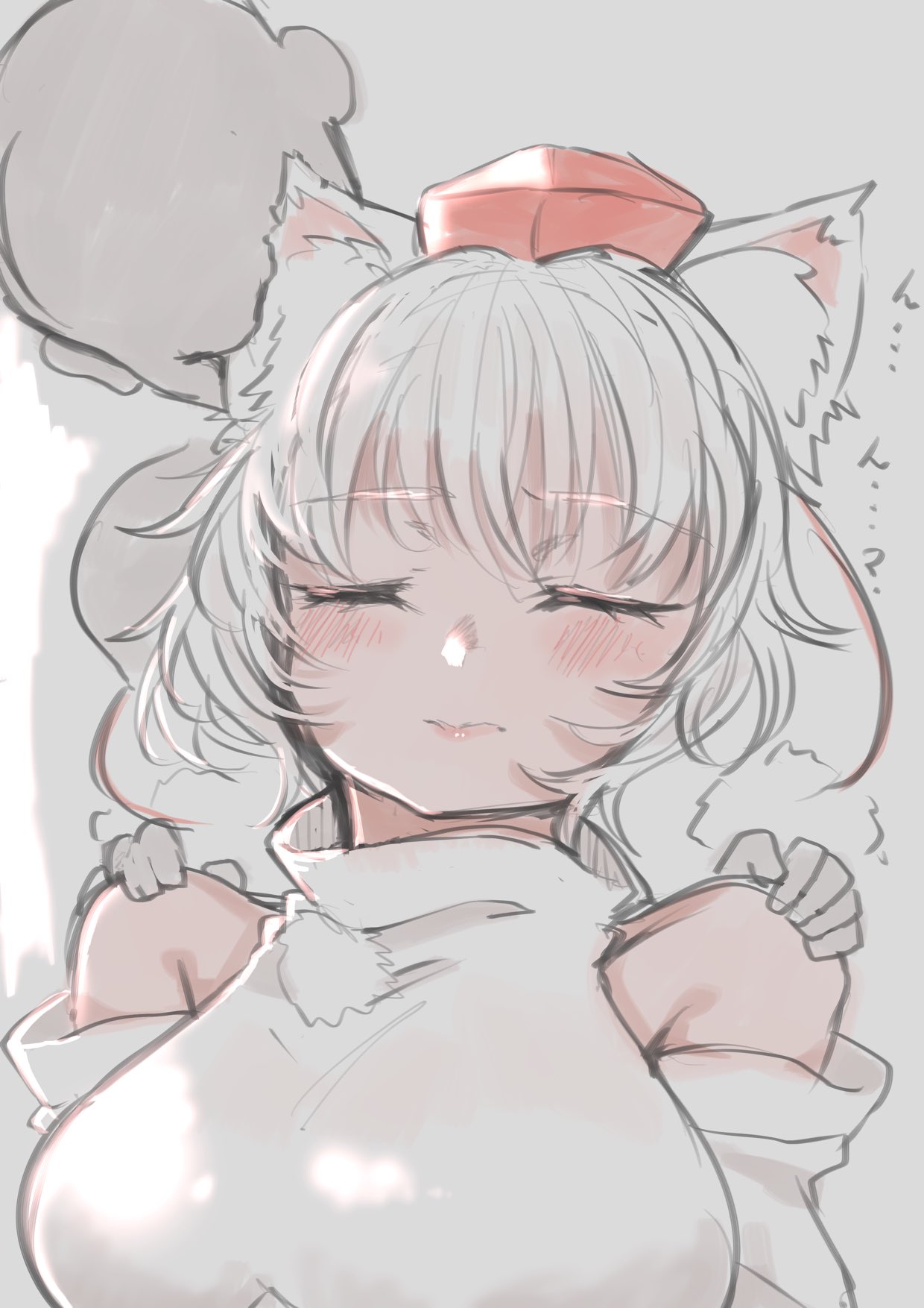 yoyoiro (sysi20), inubashiri momiji, touhou, commentary request, highres, 1girl, 1other, animal ear fluff, animal ears, breasts, closed eyes, closed mouth, detached sleeves, faceless, grey background, hands on another's shoulders, hat, large breasts, light blush, pom pom (clothes), red hat, shirt, short hair, shoulder massage, simple background, tokin hat, upper body, white hair, white shirt, wolf ears, wolf girl