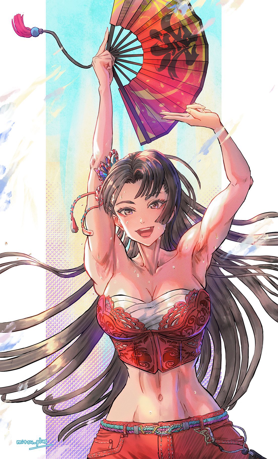 mitsu plus, shiranui mai, fatal fury, street fighter, street fighter 6, highres, 1girl, alternate costume, alternate hairstyle, armpits, arms up, artist name, breasts, brown eyes, brown hair, cleavage, collarbone, hair ornament, hand fan, holding, holding fan, large breasts, long hair, looking at viewer, midriff, navel, official alternate costume, official alternate hairstyle, open mouth, signature, smile, solo, strapless, sweat, sweatdrop, tube top