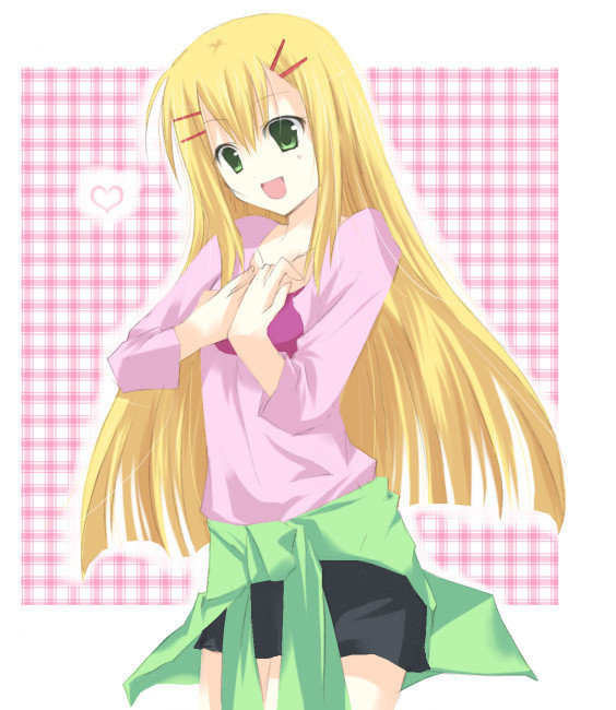 louise halevy, gundam, gundam 00, 00s, 1girl, blonde hair, female focus, hair ornament, hairclip, heart, long hair, open mouth, solo