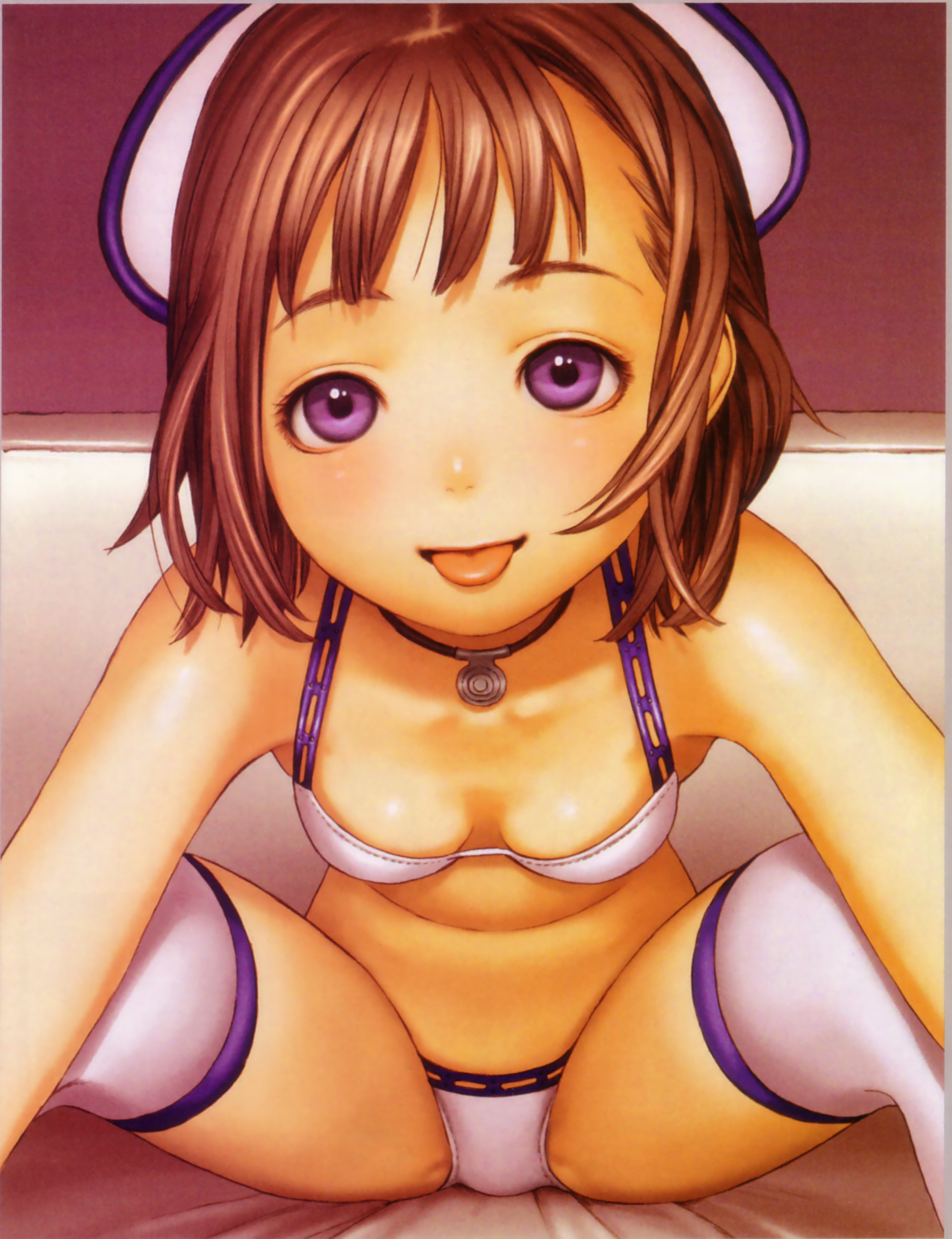 murata range, absurdres, highres, 1girl, blush, breasts, brown hair, cowboy shot, female focus, jewelry, leaning forward, loli, looking at viewer, necklace, panties, purple eyes, sexually suggestive, small breasts, solo, thighhighs, tongue, tongue out, underwear