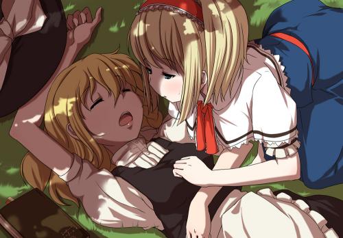 mishima hiroji, alice margatroid, kirisame marisa, touhou, lowres, 2girls, bent over, blonde hair, blue eyes, blush, book, bow, bowtie, capelet, female focus, grass, hairband, hat, imminent kiss, kneeling, lips, long hair, lying, multiple girls, on back, open mouth, shadow, short hair, sleeping, sweat, sweatdrop, witch hat, yuri