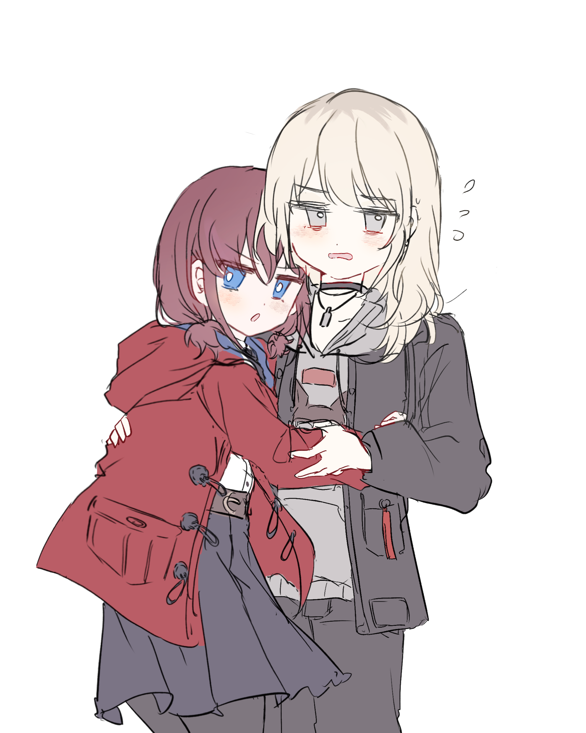 achadtea, iseri nina, kawaragi momoka, girls band cry, absurdres, chinese commentary, commentary request, highres, 2girls, black choker, black jacket, black pants, blue eyes, blue skirt, choker, coat, flying sweatdrops, grey eyes, grey hair, grey hoodie, hand on another's arm, hand on another's waist, hood, hoodie, jacket, long hair, long sleeves, looking at viewer, multicolored hair, multiple girls, pants, parted lips, red coat, red hair, roots (hair), short twintails, simple background, skirt, twintails, white background