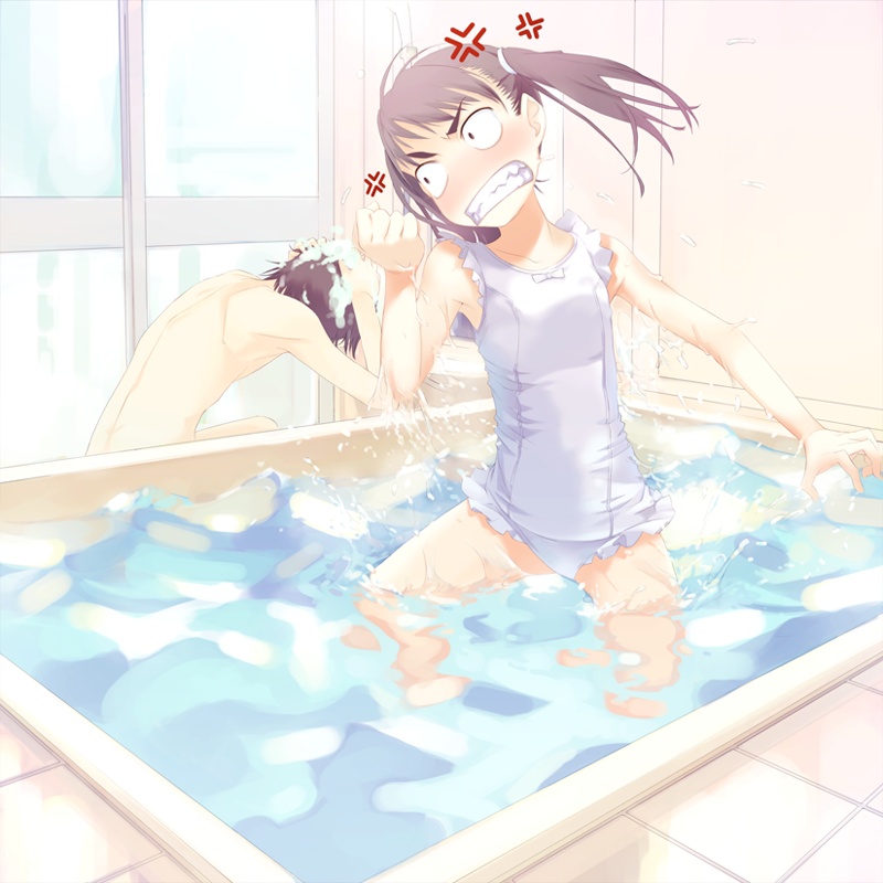 haimura kiyotaka, kagami aya, kagami kouhei, yume miru kusuri, game cg, 1boy, 1girl, anger vein, angry, bath, brother and sister, clenched hand, clenched teeth, grey hair, mixed-sex bathing, one-piece swimsuit, school swimsuit, scowl, shared bathing, siblings, snarl, splashing, swimsuit, teeth, twintails, water, wet, white one-piece swimsuit, white school swimsuit, window