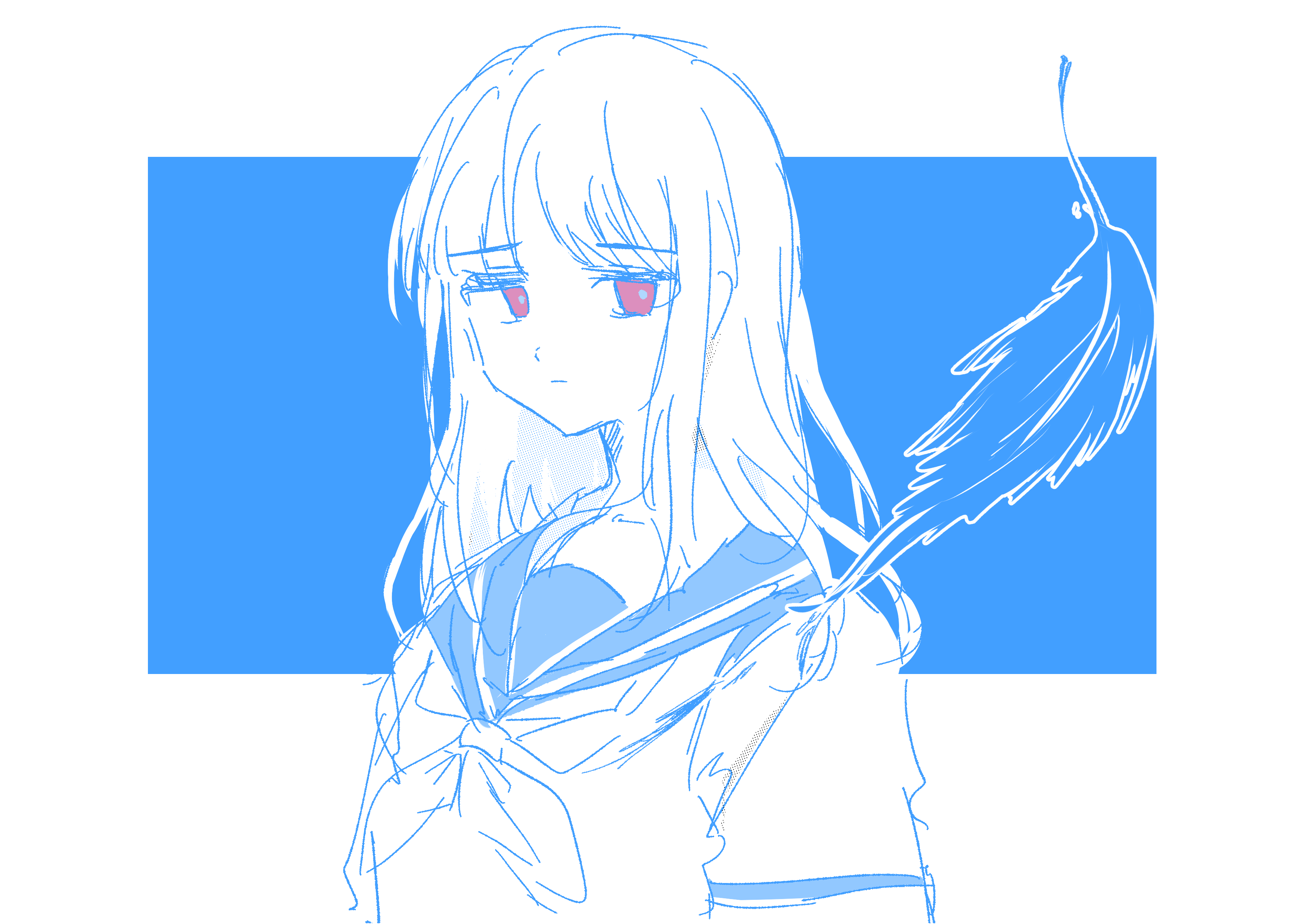achadtea, yoroizuka mizore, hibike! euphonium, liz to aoi tori, absurdres, chinese commentary, commentary request, highres, 1girl, closed mouth, feathers, heart, monochrome, neckerchief, red eyes, school uniform, serafuku, solo, spoken heart, upper body