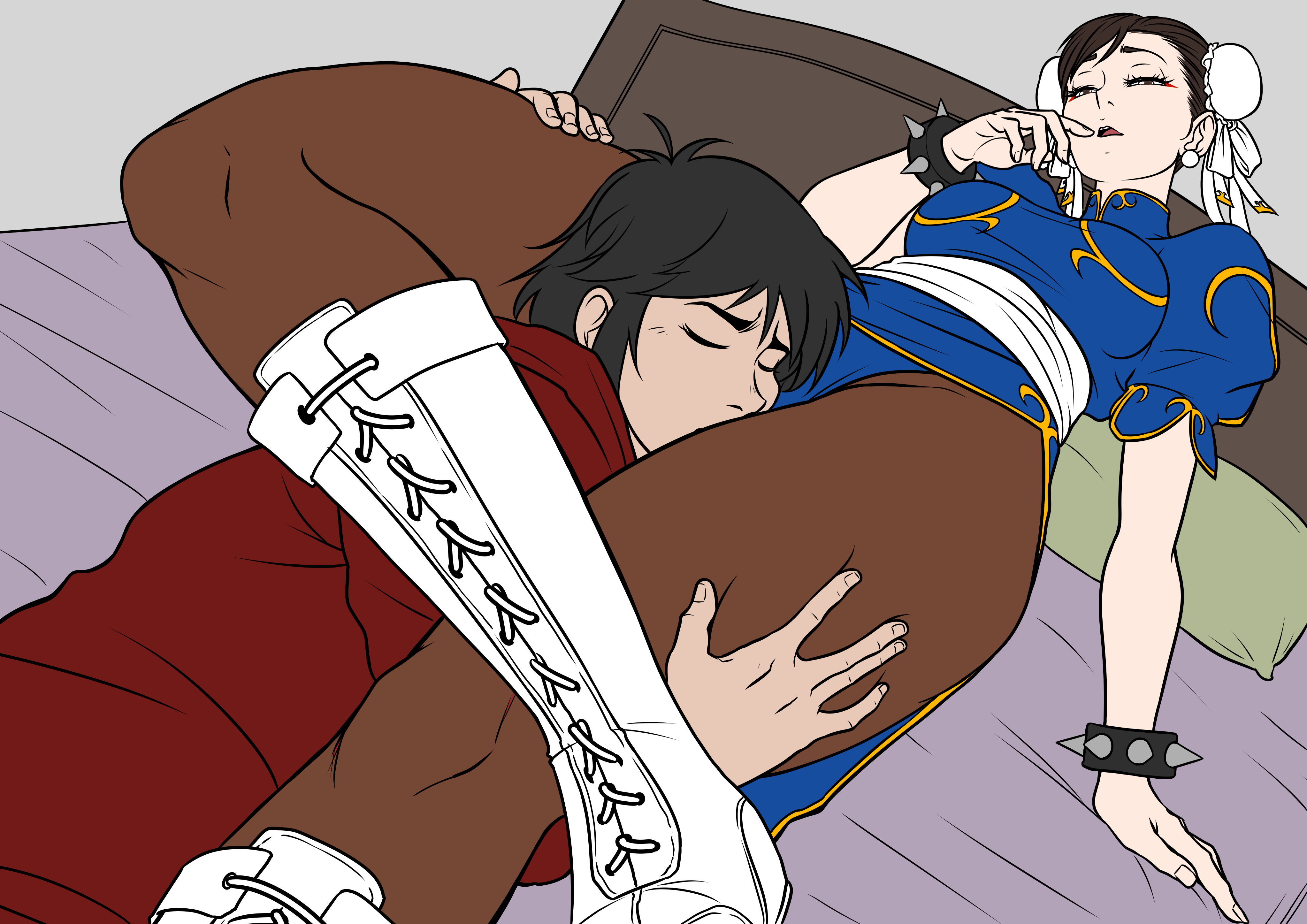 shukeiart, chun-li, capcom, street fighter, commission, commissioner upload, highres, 1boy, 1girl, bed, bedroom, boots, bracelet, brown eyes, brown hair, brown pantyhose, china dress, chinese clothes, dress, earrings, grabbing another's thighs, hair buns, head between thighs, jewelry, kiss, kissing thigh, leggings, legs, moaning, open mouth, pantyhose, sash, spiked bracelet, spikes, thick thighs, thigh grab, thighs