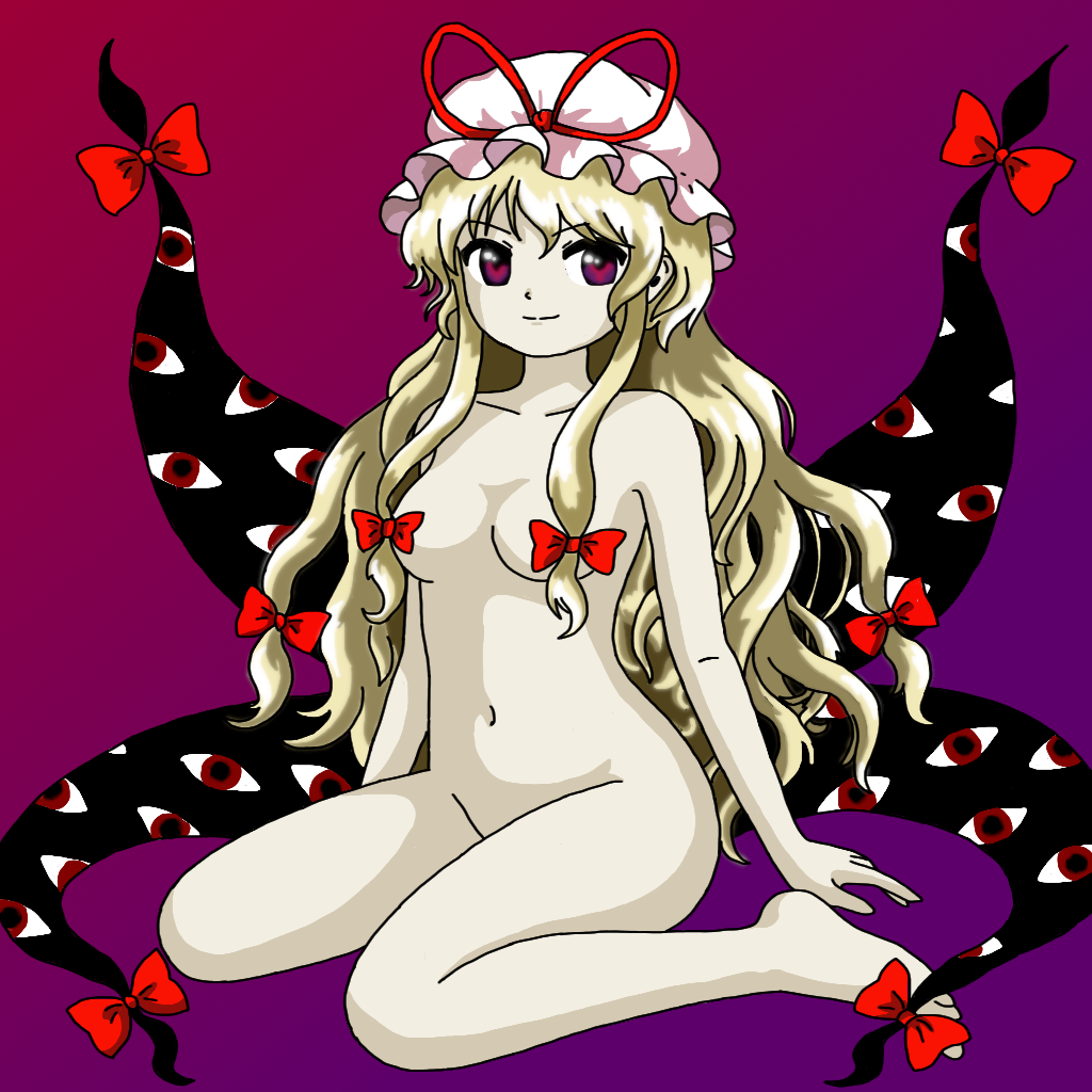 fnuy bnuy, yakumo yukari, touhou, bare legs, barefoot, blonde hair, completely nude, convenient censoring, gap (touhou), hat, hat ribbon, long hair, looking at viewer, nude, red eyes, red ribbon, ribbon, simple background, sitting, smile, two-tone background, zun (style)