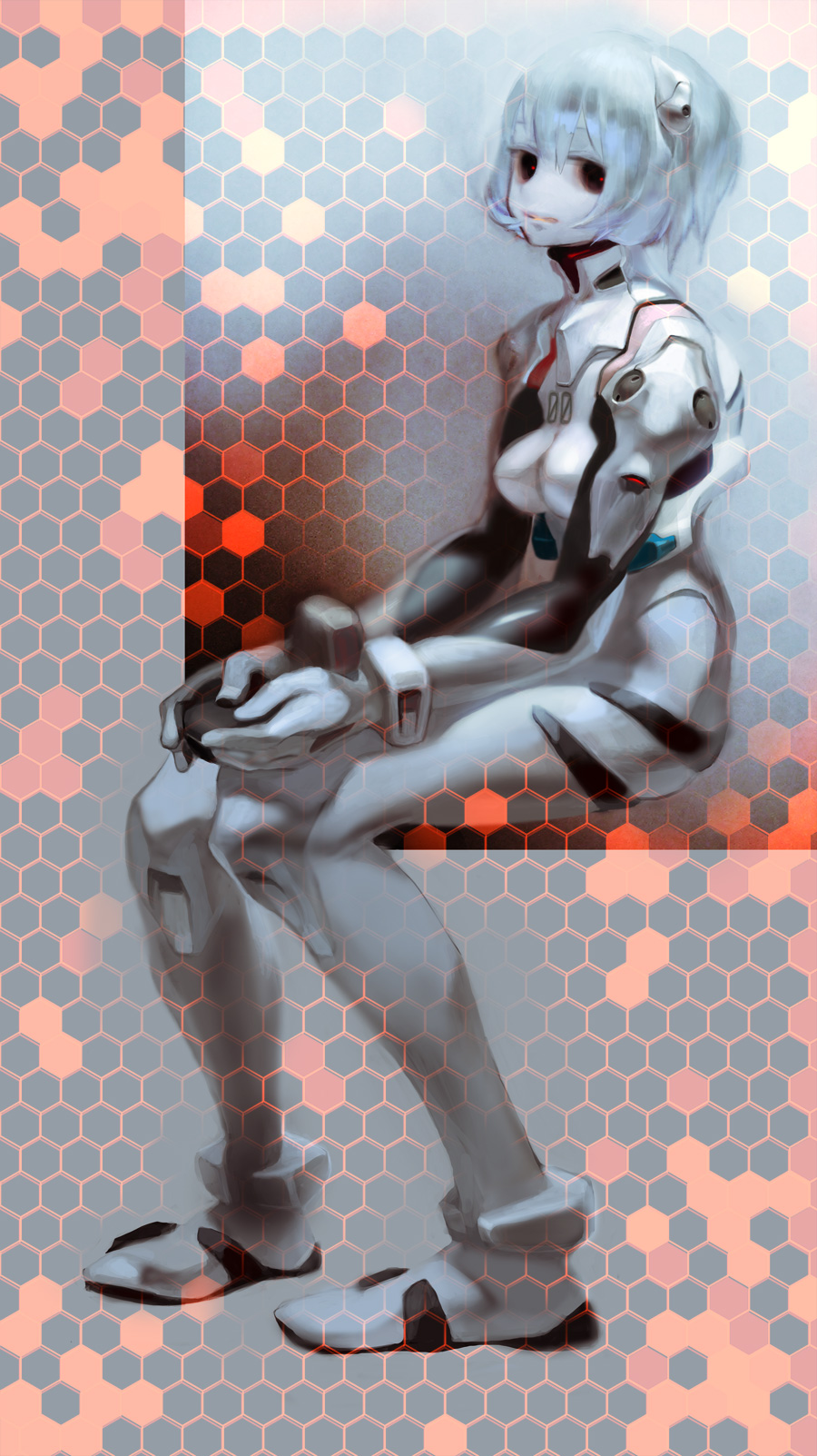 tokiya, ayanami rei, neon genesis evangelion, bad id, bad pixiv id, highres, 1girl, black sclera, blue hair, colored sclera, constricted pupils, creepy, daren, female focus, glowing, glowing eyes, headgear, hexagon, horror (theme), interface headset (evangelion), looking at viewer, mecha pilot suit, pale skin, plugsuit (evangelion), red eyes, red pupils, short hair, sitting, solo
