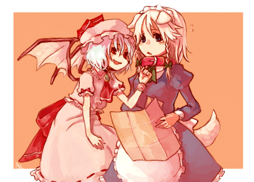 takishima asaka, inu sakuya (nejikirio), izayoi sakuya, remilia scarlet, touhou, 2girls, animal ears, collar, dog ears, dog tail, female focus, hat, kemonomimi mode, maid, multiple girls, ribbon, tail, wings