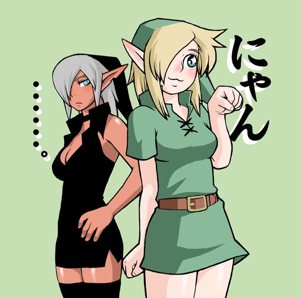 aso (ele011101), dark link, link, nintendo, the legend of zelda, the legend of zelda: ocarina of time, bad id, bad pixiv id, …, 2girls, :3, blonde hair, blue eyes, breasts, choker, cleavage, dark-skinned female, dark elf, dark skin, elf, genderswap, genderswap (mtf), green eyes, grey hair, medium breasts, miniskirt, multiple girls, nyan, paw pose, pointy ears, skirt, thighhighs