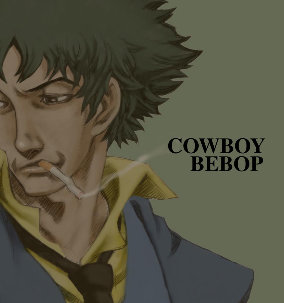 aso (ele011101), spike spiegel, cowboy bebop, bad id, bad pixiv id, 1990s (style), 1boy, brown eyes, cigarette, copyright name, male focus, necktie, one-eyed, retro artstyle, smoking, solo
