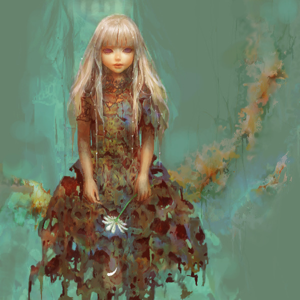 lo (artist), original, 1girl, blonde hair, female focus, flower, lips, long hair, purple eyes, red eyes, solo, surreal, torn clothes