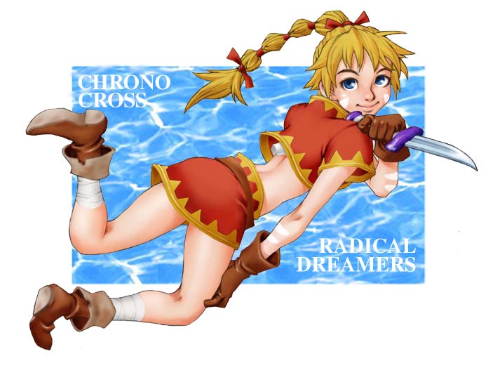 aso (ele011101), kid (chrono cross), chrono (series), chrono cross, blonde hair, copyright name, dagger, hand on own thigh, knife, multi-tied hair, ponytail, smile, solo, weapon