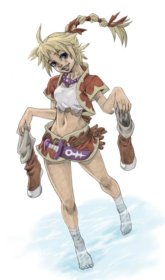 aso (ele011101), kid (chrono cross), chrono (series), chrono cross, 1girl, barefoot, blonde hair, blue eyes, braid, dagger, female focus, full body, high ponytail, holding, holding shoes, holding unworn clothes, jewelry, knife, long hair, magatama, midriff, multi-tied hair, navel, necklace, ponytail, shoes, smile, solo, standing, unworn shoes, wading, water, weapon