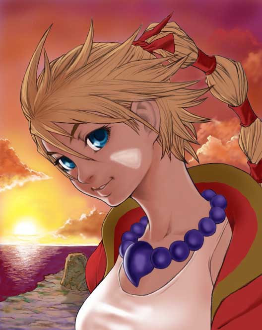 aso (ele011101), kid (chrono cross), chrono (series), chrono cross, 1girl, beach, beads, blonde hair, blue eyes, cliff, cloud, coat, facial mark, female focus, hair between eyes, head tilt, horizon, jewelry, long hair, looking at viewer, multi-tied hair, necklace, ocean, open clothes, open coat, orange sky, parted lips, ponytail, prayer beads, red coat, rock, sky, smile, solo, sunlight, sunset, tank top, upper body, water