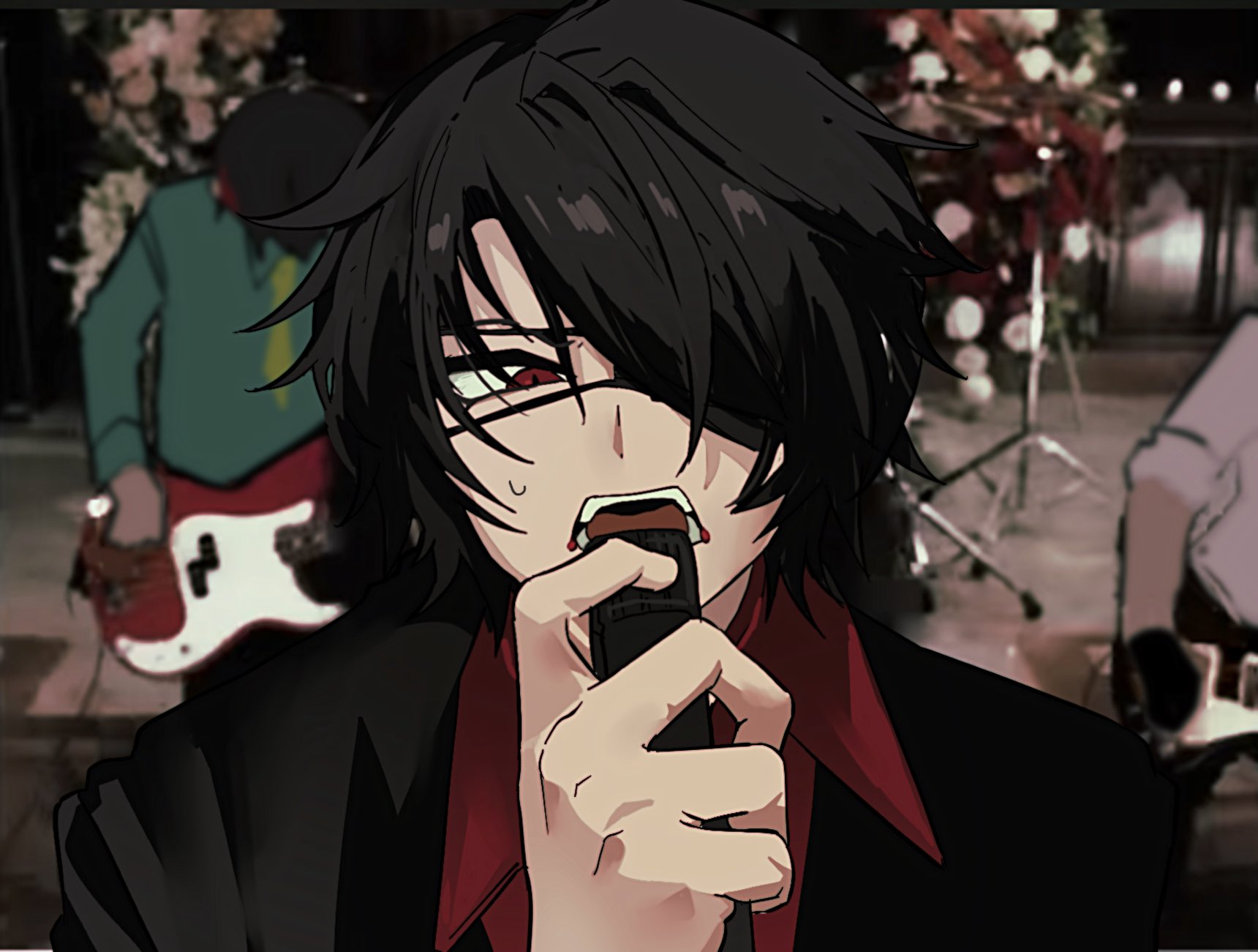 oosaki (ooe), shinbashi (ooe), my chemical romance, ooe (game), highres, 3boys, black hair, black jacket, blurry, collared shirt, eyepatch, guitar, holding, holding instrument, holding microphone, instrument, jacket, male focus, microphone, multiple boys, music, one eye covered, open mouth, playing instrument, red eyes, red shirt, seranrrrrr, shiodome (ooe), shirt, short hair, singing, solo focus