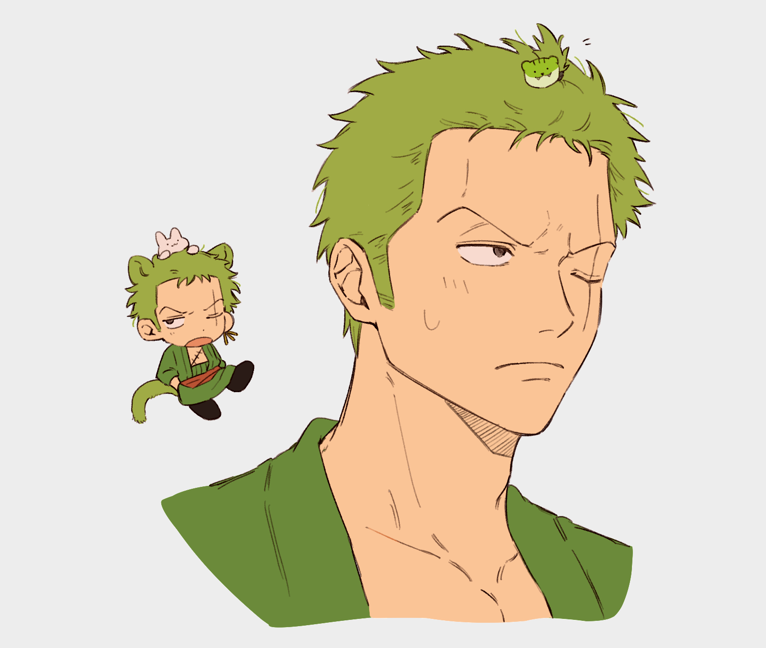 iqracha, roronoa zoro, one piece, commentary request, highres, 1boy, animal ears, black eyes, closed mouth, collarbone, green hair, green kimono, japanese clothes, kimono, looking ahead, male focus, open mouth, scar, scar across eye, scar on face, short hair, simple background, sweatdrop, tail, tiger ears, tiger hair ornament, tiger tail