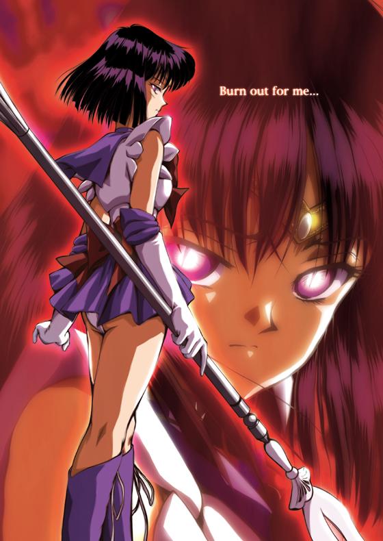 hino ryutaro, sailor saturn, tomoe hotaru, bishoujo senshi sailor moon, 1990s (style), 1girl, black hair, bob cut, boots, bow, brown bow, choker, elbow gloves, female focus, gloves, glowing, glowing eyes, holding, holding polearm, holding spear, holding weapon, knee boots, magical girl, polearm, purple boots, purple skirt, retro artstyle, silence glaive, skirt, solo, spear, staff, tiara, weapon, white gloves