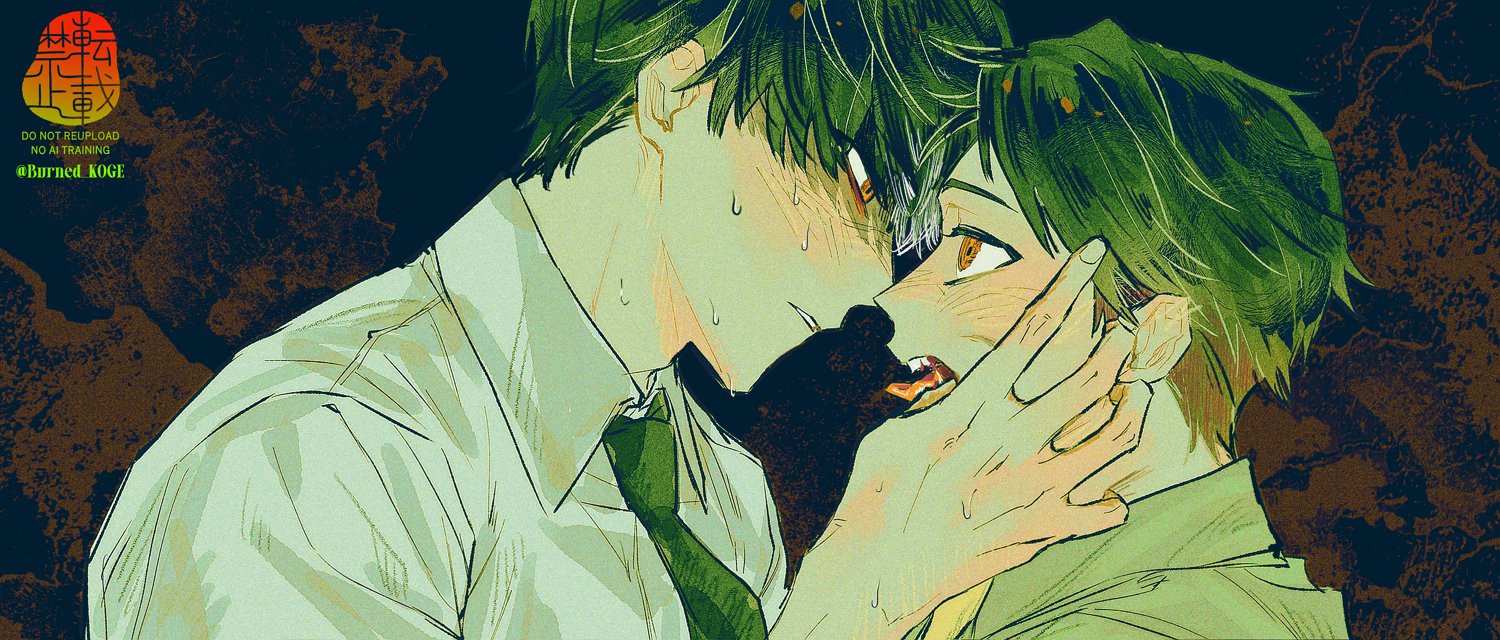 burned koge, oosaki (ooe), ooe (game), 2boys, black background, black hair, blush, collared shirt, copyright name, eye contact, face-to-face, from side, green necktie, hand on another's face, looking at another, multiple boys, necktie, open mouth, orange eyes, profile, shiodome (ooe), shirt, short hair, sweat, teeth, tongue, tongue out, upper body, white shirt, yaoi