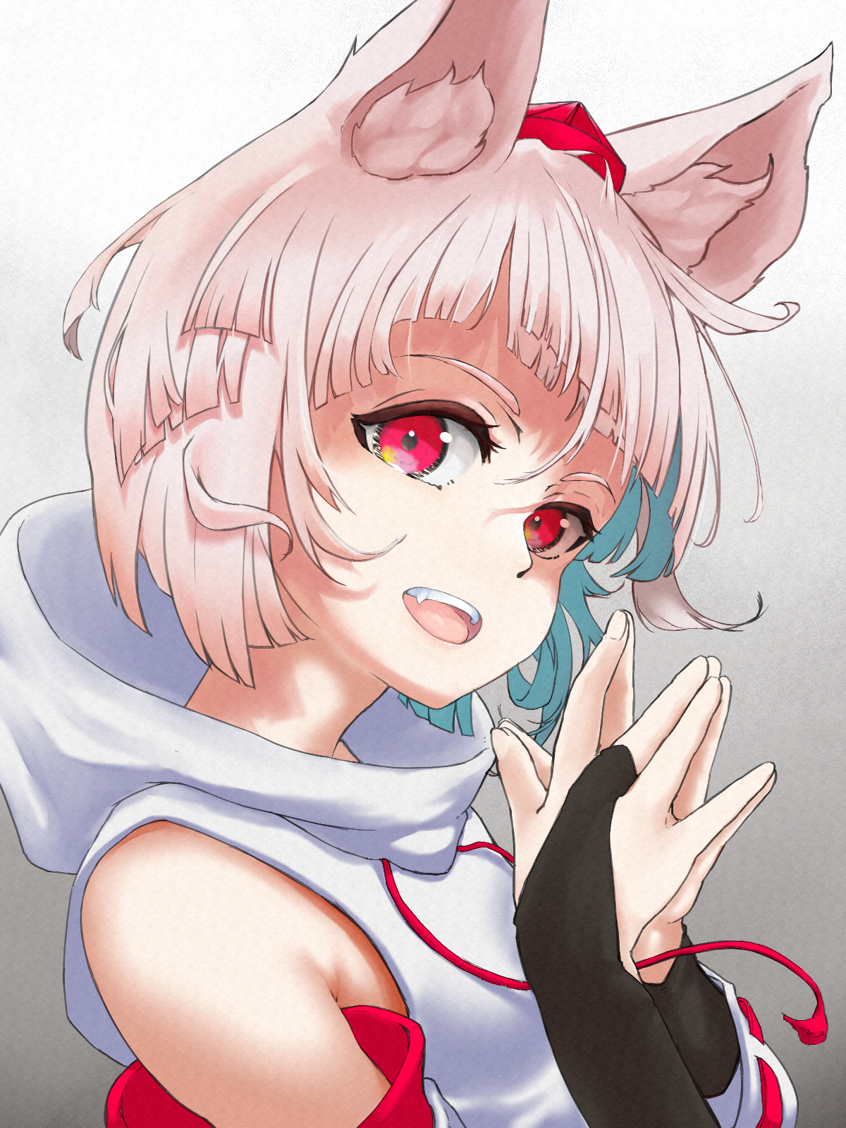 risiyun, inubashiri momiji, touhou, commentary, highres, 1girl, animal ear fluff, animal ears, black bridal gauntlets, bridal gauntlets, detached sleeves, fang, gradient background, grey background, hat, long sleeves, messy hair, open mouth, own hands together, red eyes, red hat, red ribbon, red trim, ribbon, ribbon-trimmed sleeves, ribbon trim, shirt, short hair, smile, solo, teeth, tokin hat, upper body, upper teeth only, white background, white hair, white shirt, wide sleeves, wolf ears, wolf girl