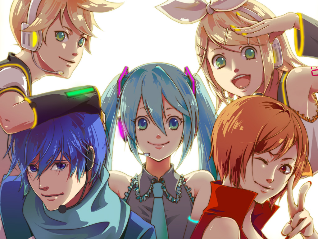 pizza (pixiv15653), xpizzeriax, hatsune miku, kagamine len, kagamine rin, kaito (vocaloid), meiko (vocaloid), vocaloid, 2boys, 3girls, :d, aqua hair, blonde hair, brother and sister, brown eyes, brown hair, company connection, everyone, green eyes, long hair, looking at viewer, multiple boys, multiple girls, open mouth, short hair, siblings, simple background, smile, twins, twintails, upper body, very long hair, white background