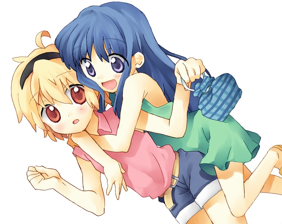 mozu (modagoro), furude rika, houjou satoko, higurashi no naku koro ni, bad id, bad pixiv id, 00s, 2girls, belt, blonde hair, blue hair, hairband, long hair, multiple girls, purple eyes, red eyes, short hair, sleeveless