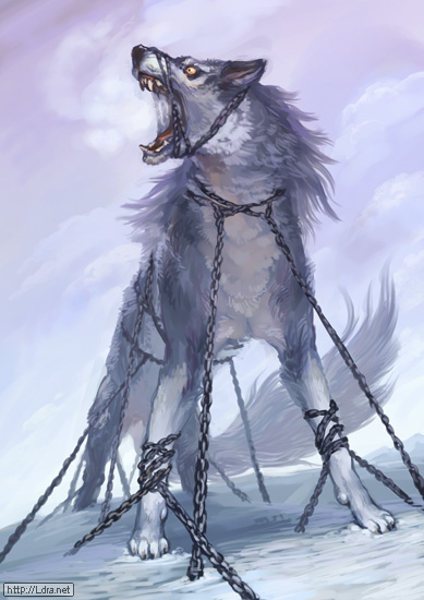 g.river, fenrir, fenrir (mythology), norse mythology, animal, body fur, chain, claws, full body, no humans, open mouth, restrained, sharp teeth, snow, teeth, winter, wolf