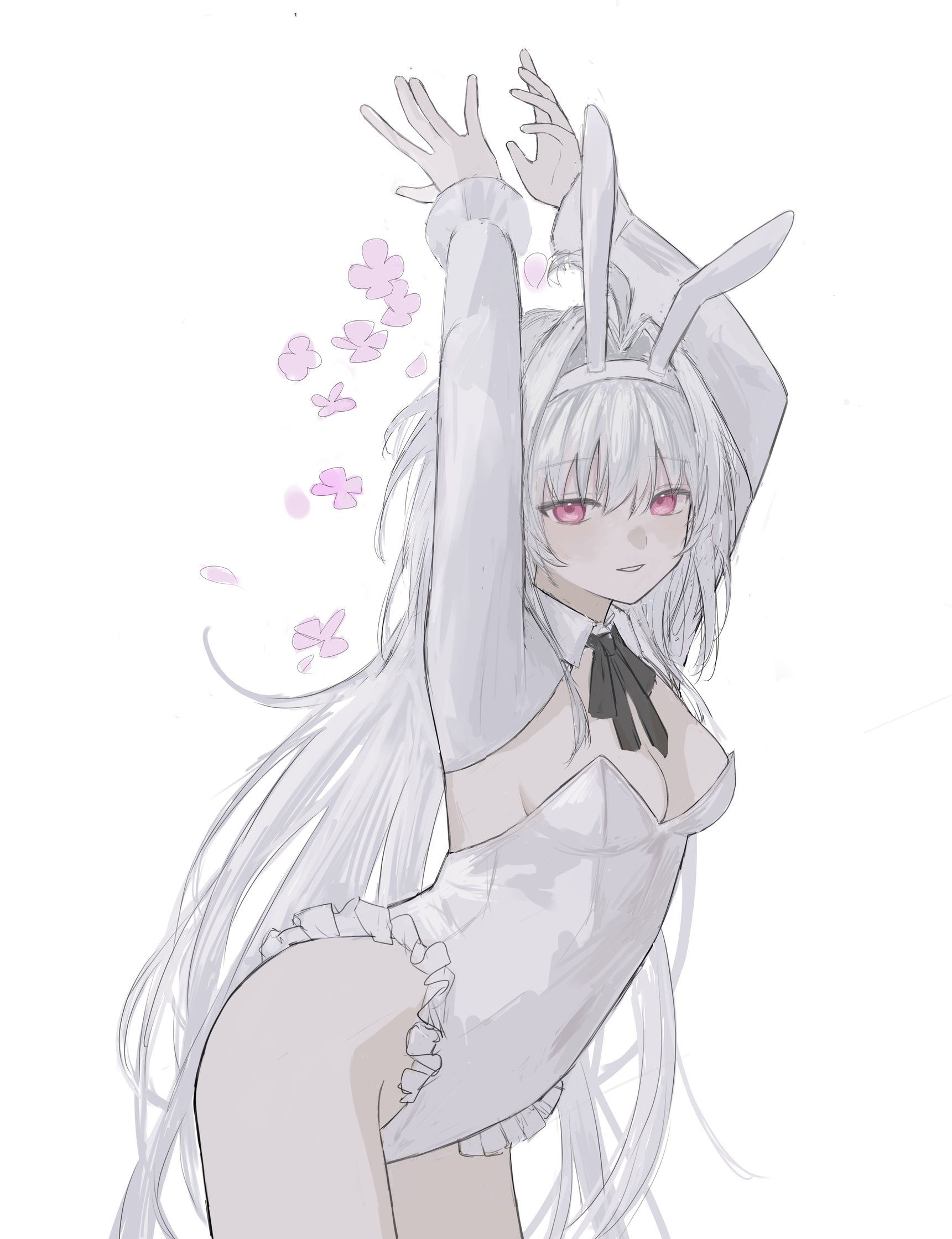 rurubusandayo, lady avalon (fate), merlin (fate/prototype), highres, 1girl, ahoge, animal ears, arms up, breasts, covered navel, frilled leotard, frills, hair intakes, leotard, long hair, medium breasts, necktie, petals, pink eyes, rabbit ears, smile, solo, solo focus, strapless, strapless leotard, very long hair, white background, white hair