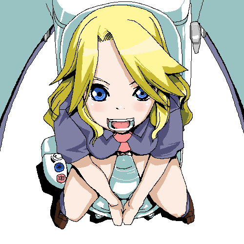 kimura kaere, sayonara zetsubou sensei, lowres, 00s, 1girl, blonde hair, female focus, from above, oekaki, solo, toilet, toilet use